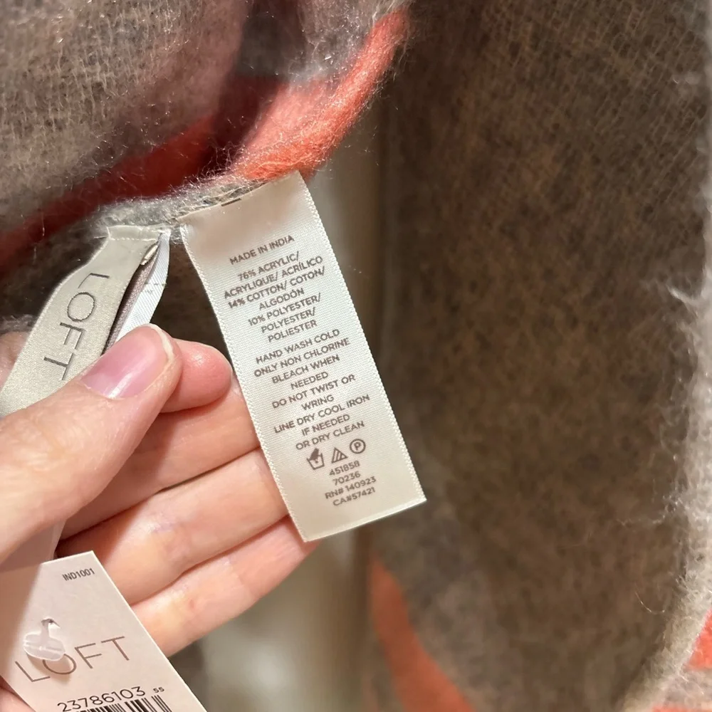 LOFT Gray/Taupe with Coral Stripe Accent Frayed Scarf Coastal Preppy NEW